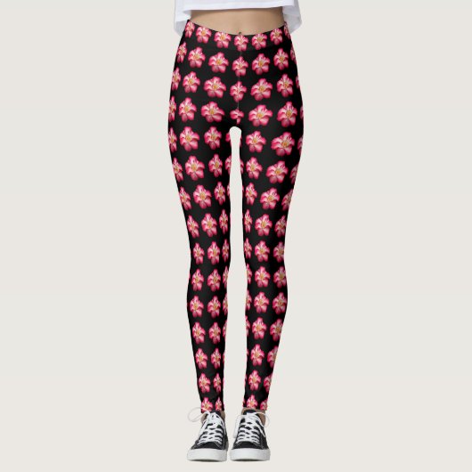 Roze Rose op Black Floral Pattern Leggings (Voorkant)