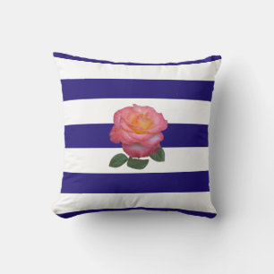 Roze Rose op Navy Blue en White Striped Throw Pil Kussen