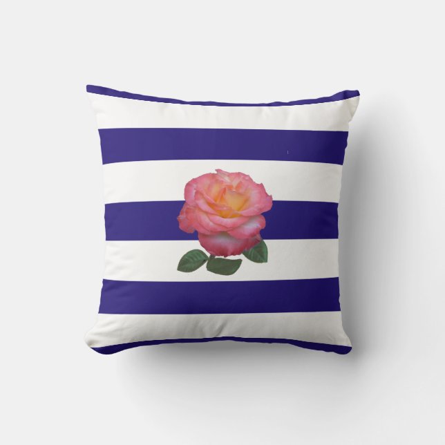 Roze Rose op Navy Blue en White Striped Throw Pil Kussen (Voorkant)