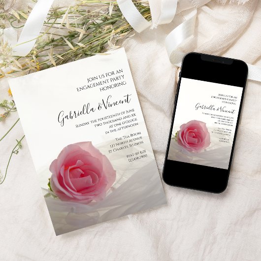 Roze Rose op White Engagement Party Kaart