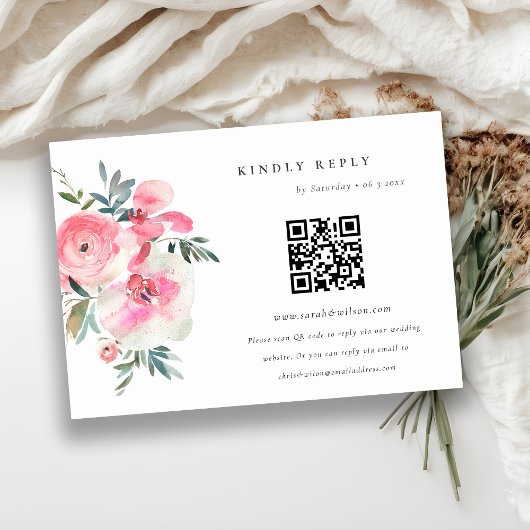 Roze Rose Orchid Floral Wedding QR Code RSVP Informatiekaartje