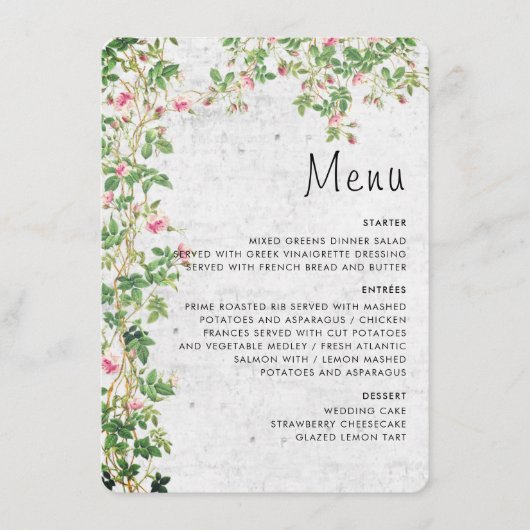 Roze Rose Oude Muur Stijl Dagboek Trouwen Menu (Voorkant)