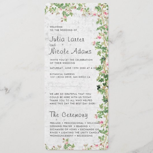 Roze Rose Oude Muur  Stijl Dagboek Trouwen Programmakaart (Voorkant)