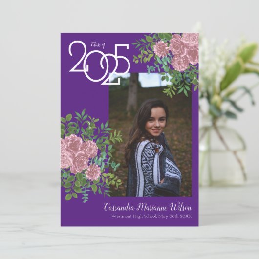 Roze Rose Paars Foto Afstuderen Aankondiging (Staand voorkant)