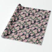 Roze Rose Peony Bloemen op zwart Cadeaupapier (Uitgerold)
