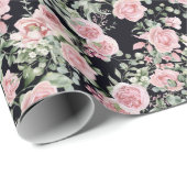 Roze Rose Peony Bloemen op zwart Cadeaupapier (Rol Hoek)