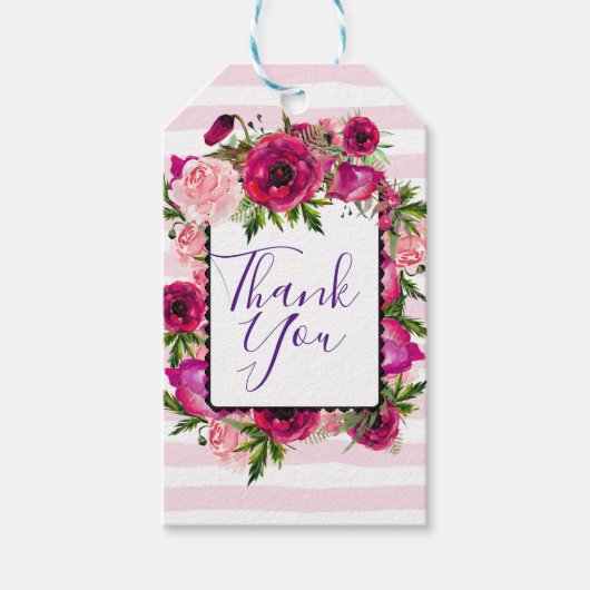 Roze Rose & Poppy Floral Bouquet Dank je Cadeaulabel (Voorkant)