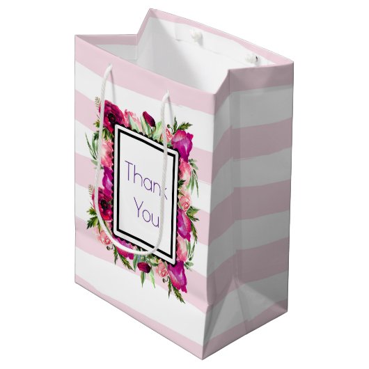 Roze Rose & Poppy Floral Bouquet Dank je Medium Cadeauzakje (Voorkant Gekanteld)