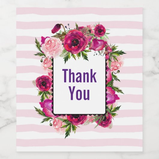 Roze Rose & Poppy Floral Bouquet Dank je Wijn Etiket (Enkel label)