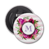 Roze Rose & Poppy Floral Bouquet Monogram Button Flesopener (Voorkant)