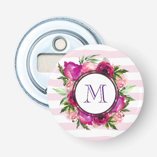 Roze Rose & Poppy Floral Bouquet Monogram Button Flesopener (Voorkant)