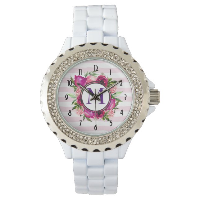 Roze Rose & Poppy Floral Bouquet Monogram Horloge (Voorkant)