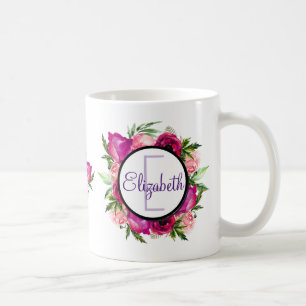 Roze Rose & Poppy Floral Bouquet Monogram Koffiemok