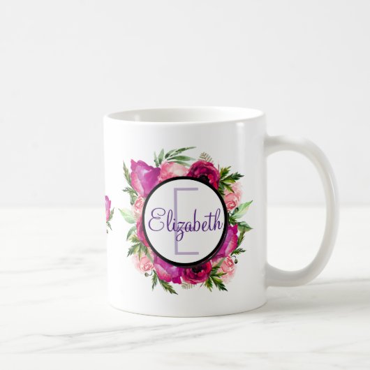 Roze Rose & Poppy Floral Bouquet Monogram Koffiemok (Rechts)