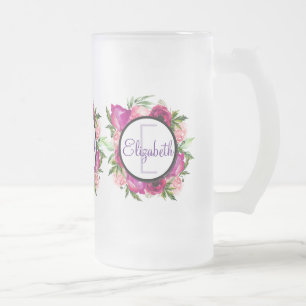Roze Rose & Poppy Floral Bouquet Monogram Matglas Bierpul