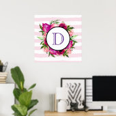 Roze Rose & Poppy Floral Bouquet Monogram Poster (Thuiskantoor)
