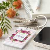 Roze Rose & Poppy Floral Bouquet Monogram Sleutelhanger (Voorkant Rechts)