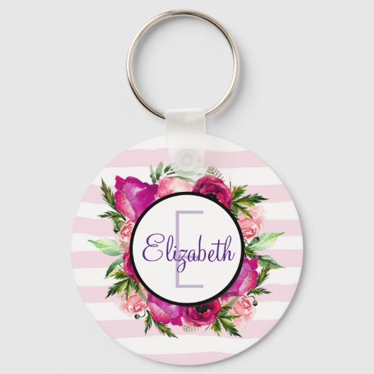 Roze Rose & Poppy Floral Bouquet Monogram Sleutelhanger (Voorkant)