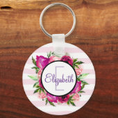 Roze Rose & Poppy Floral Bouquet Monogram Sleutelhanger (Voorkant)