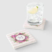 Roze Rose & Poppy Floral Bouquet Monogram Stenen Onderzetter (Zijkant)