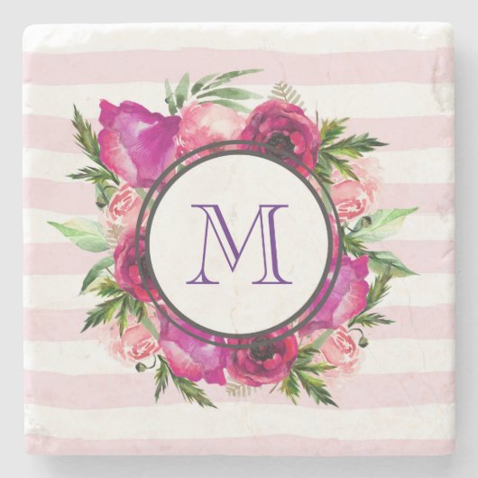 Roze Rose & Poppy Floral Bouquet Monogram Stenen Onderzetter (Voorkant)