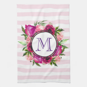 Roze Rose & Poppy Floral Bouquet Monogram Theedoek