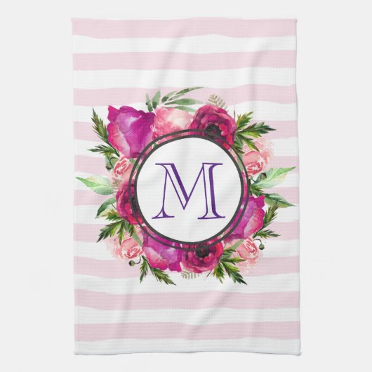 Roze Rose & Poppy Floral Bouquet Monogram Theedoek (Verticaal)