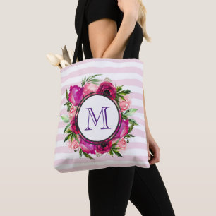 Roze Rose & Poppy Floral Bouquet Monogram Tote Bag