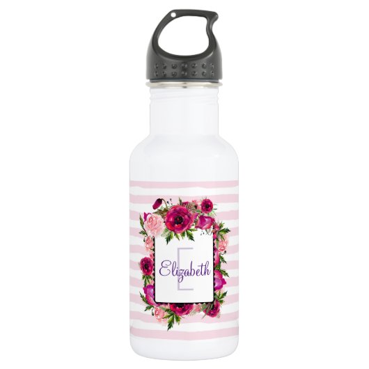 Roze Rose & Poppy Floral Bouquet Monogram Waterfles (Voorkant)