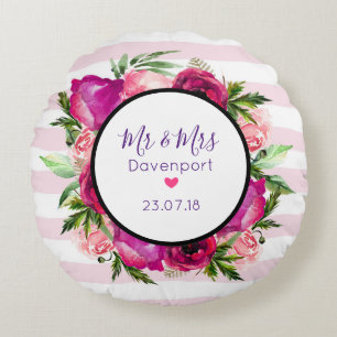 Roze Rose & Poppy Floral Bouquet Mr & Mrs Wedding Rond Kussen