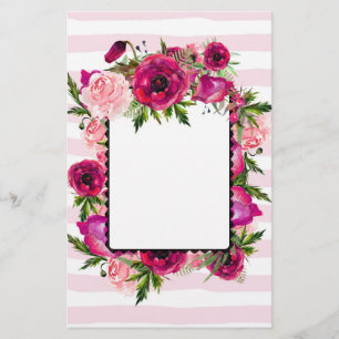 Roze Rose & Poppy Floral Bouquet op roze strepen Briefpapier
