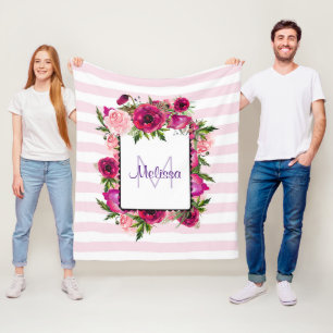 Roze Rose & Poppy Floral Bouquet op roze strepen Fleece Deken