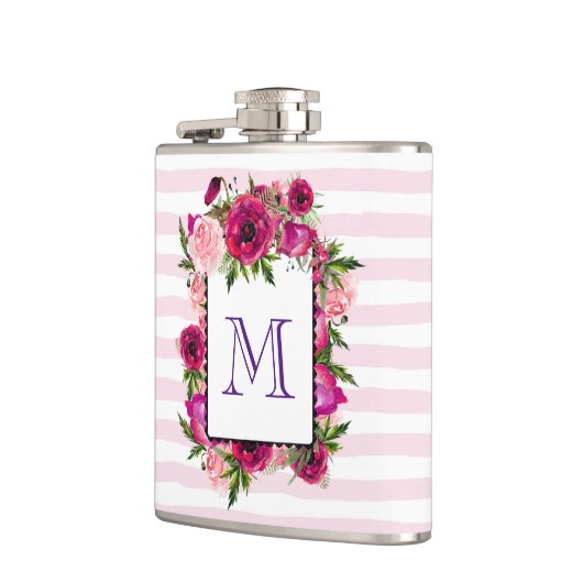 Roze Rose & Poppy Floral Bouquet op roze strepen Heupfles (Links)