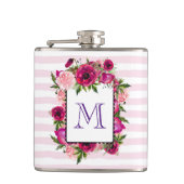 Roze Rose & Poppy Floral Bouquet op roze strepen Heupfles (Voorkant)