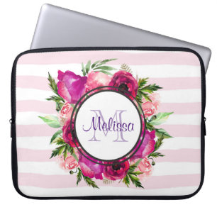 Roze Rose & Poppy Floral Bouquet op roze strepen Laptop Sleeve
