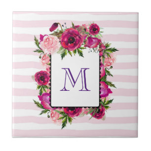 Roze Rose & Poppy Floral Bouquet op roze strepen Tegeltje