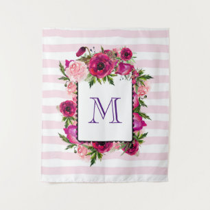 Roze Rose & Poppy Floral Bouquet op roze strepen Wandkleed
