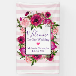 Roze Rose & Poppy Floral bruiloft Welkom Spandoek