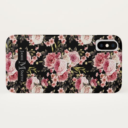 Roze Rose Profusion Monogram - zwarte achtergrond Case-Mate iPhone Case (Achterkant (horizontaal))
