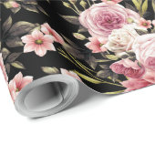 Roze Rose Profusion - zwarte achtergrond Cadeaupapier (Rol Hoek)