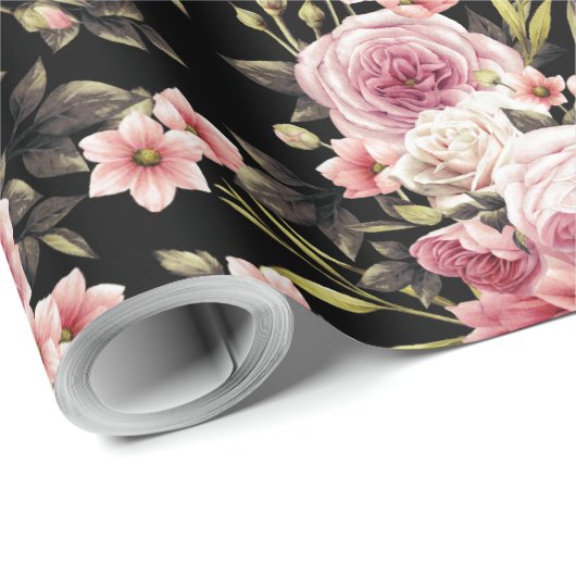 Roze Rose Profusion - zwarte achtergrond Cadeaupapier (Rol Hoek)