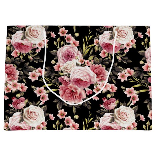 Roze Rose Profusion - zwarte achtergrond Groot Cadeauzakje (Voorkant)