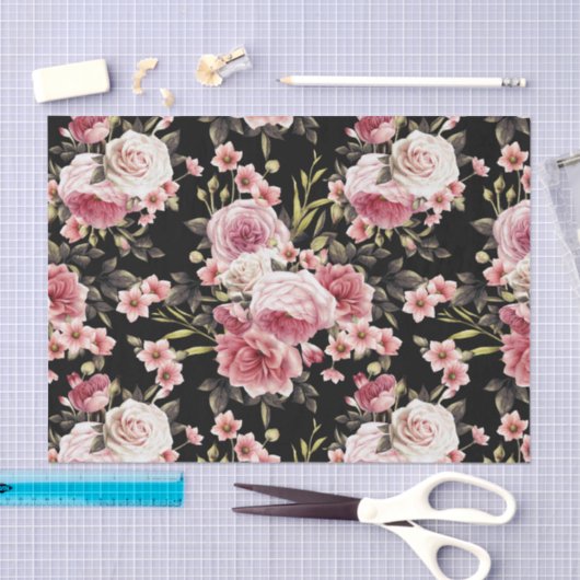 Roze Rose Profusion - zwarte achtergrond Tissuepapier (Craft)
