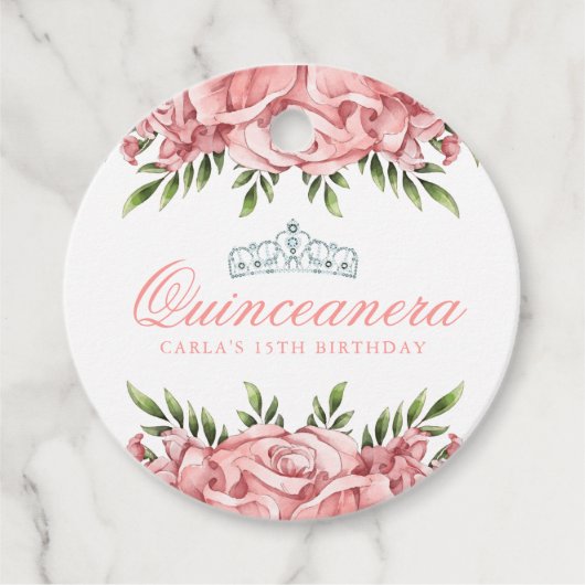 Roze Rose Quinceanera Bedankjes Labels (Voorkant)