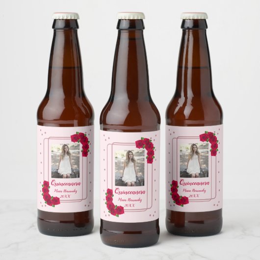 Roze Rose Quinceañera Bier Etiket (Flessen)