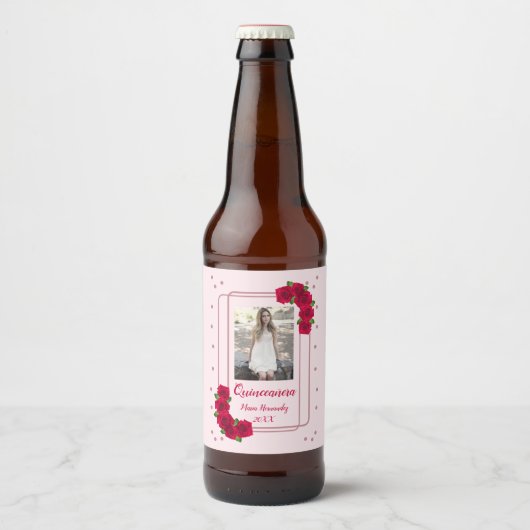 Roze Rose Quinceañera Bier Etiket (Voorkant)