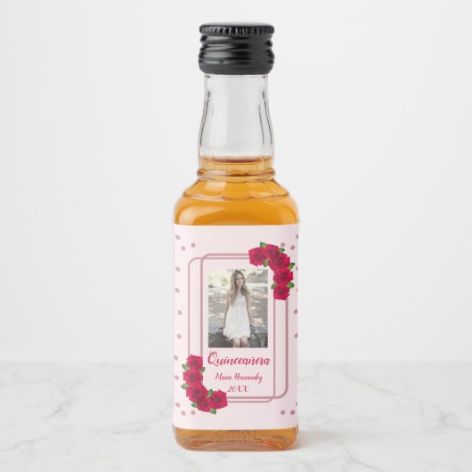 Roze Rose Quinceañera Likeurfles Etiket (Voorkant)