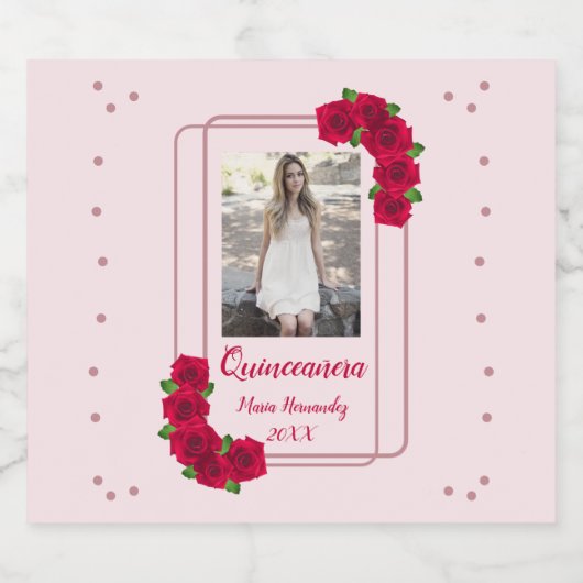 Roze Rose Quinceañera Likeurfles Etiket (Enkel label)