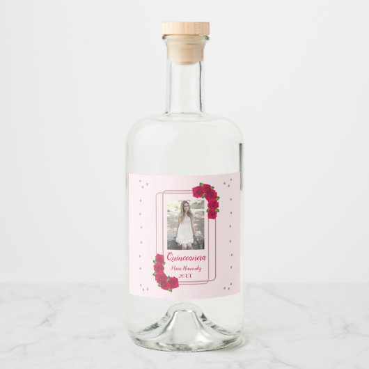 Roze Rose Quinceañera Likeurfles Etiket (Voorkant)