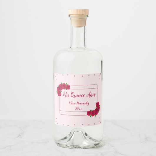 Roze Rose Quinceañera Likeurfles Etiket (Voorkant)
